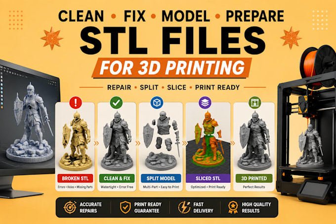 clean, fix, model, prepare, split or slice stl files for 3d printing, 3d model