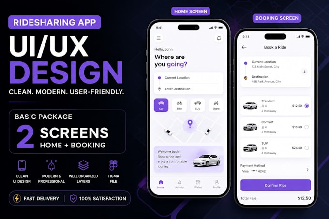 do modern UI UX for ridesharing app with custom features