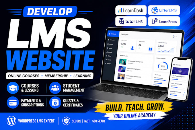 develop lms website using learndash, lifterlms, wordpress lms website, tutor lms