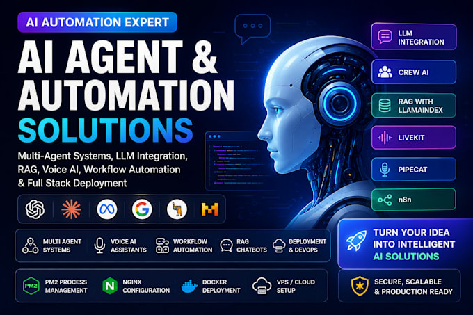 llm integration crewai multi agent livekit pipecat llamaindex rag n8n pm2 nginx