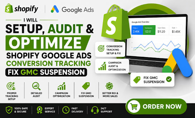 setup audit optimize shopify google ads conversion tracking, fix gmc suspension