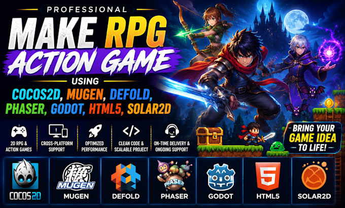make rpg action game using cocos2d defold, phaser, godot, html5, solar2d, mugen
