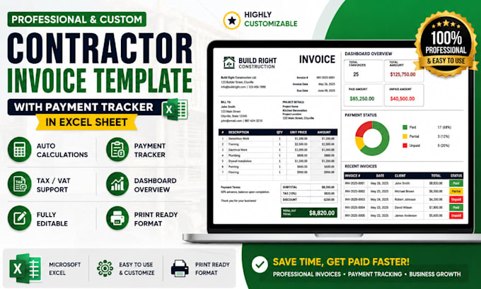 design contractor invoice template with payment tracker in excel sheet