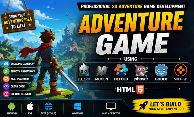 make adventure game using cocos2d, mugen, defold, phaser, godot, html5, solar2d