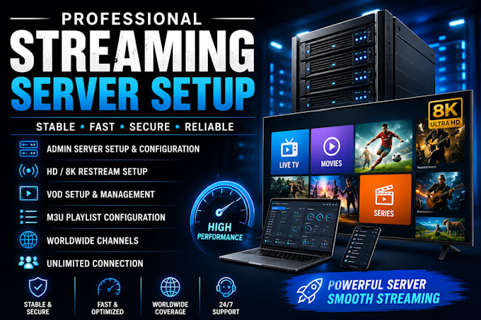 do admin server, hd 8k restream, vod, worldwide channels, unlimited connection