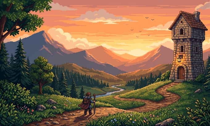 draw 16bit retro pixel art sidescroller background animation aseprite rpg scene