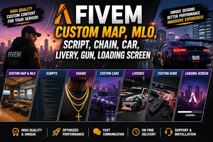do custom fivem map, mlo, script, fivem chain, car, livery gun, loading screen
