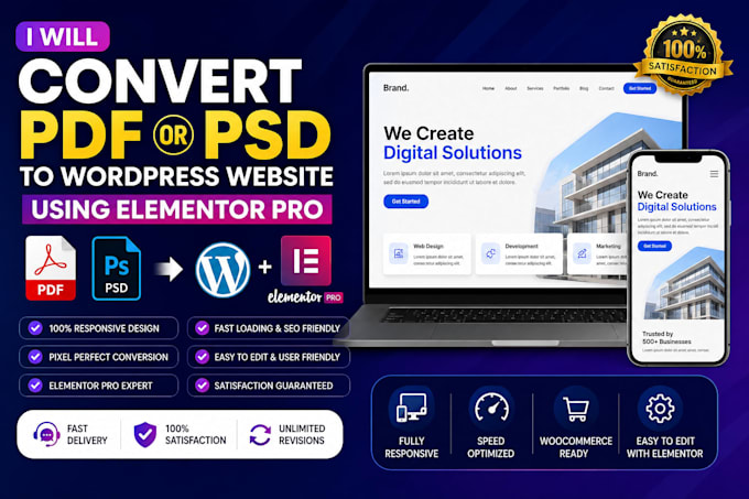 convert pdf to elementor PSD file to wordpress using elementor pro