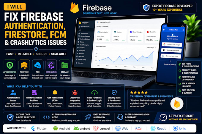 fix firebase authentication, firestore, fcm and crashlytics issues
