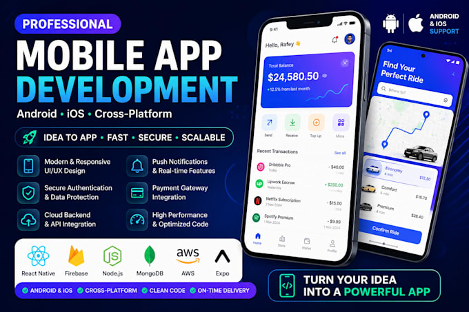 develop a professional android and ios app using kotlin, react native, flutter
