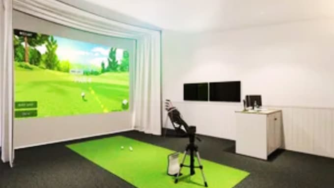 design 3d realistic golf VR course, golf simulator environment, gaming center