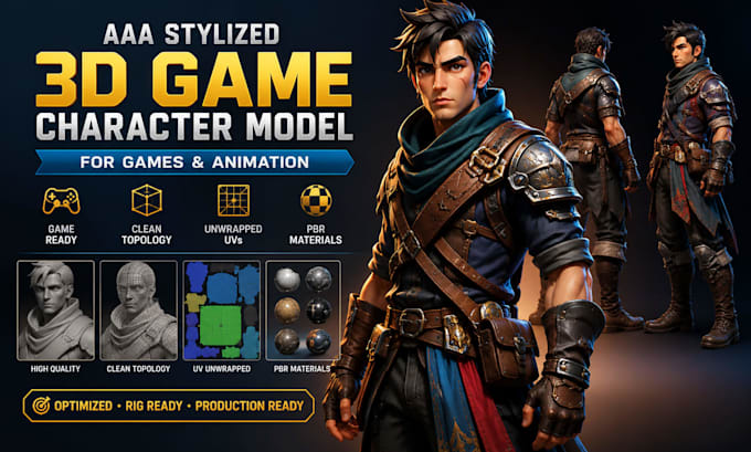 create aaa stylized 3d game character model for games and animation