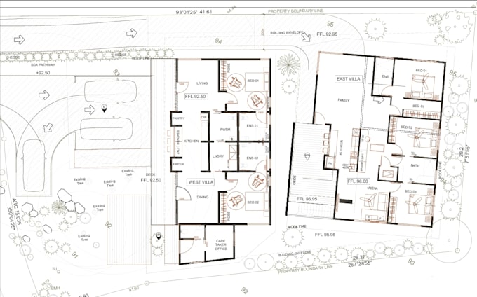 create complete 2d set of floorplans, elevations, and sections in cad