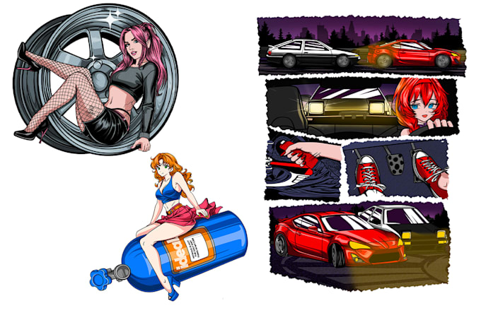 draw anime girl and car poster