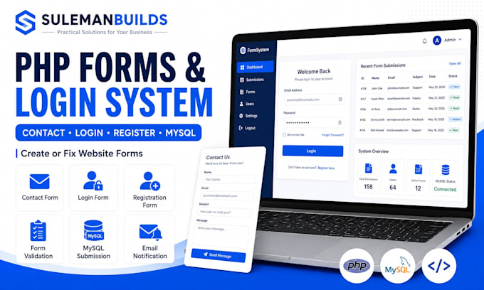 create or fix contact login registration and PHP forms