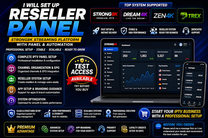 set up reseller panel, strong 8k, streaming platform with panel and automation