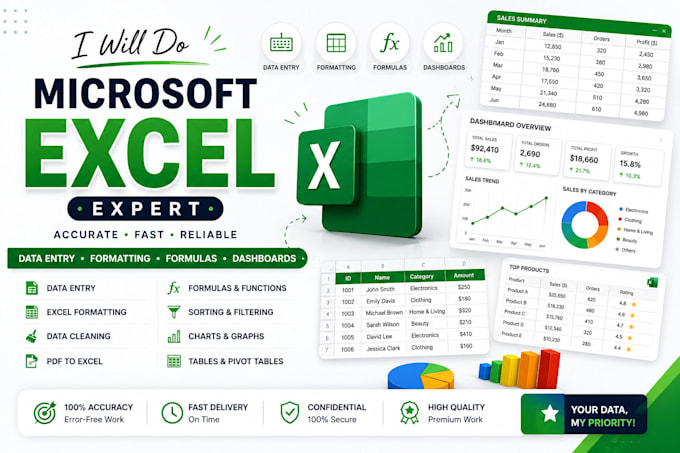 excel data entry, formatting, and spreadsheet tasks