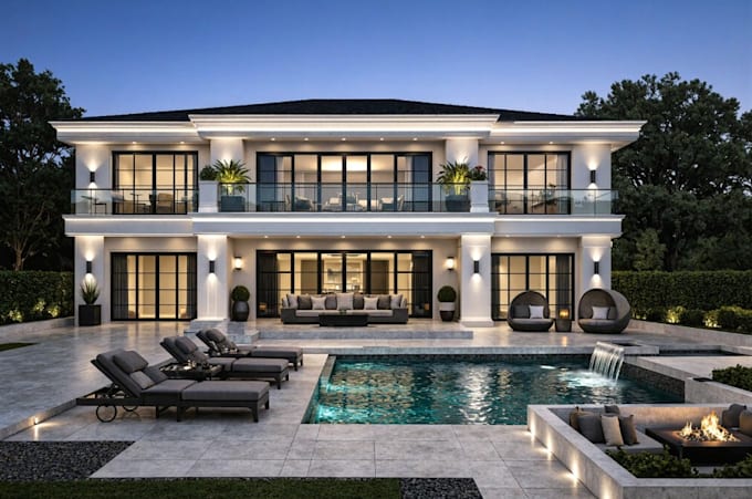 modernize3d elegant mansion,outdoor space,open plan,indoor living area,landscape