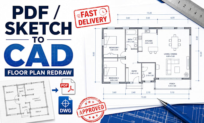 redraw floor plan from sketch, PDF to autocad cad drawing