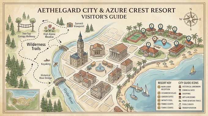 design vector tourist map, city guide map, travel map, resort and attraction map