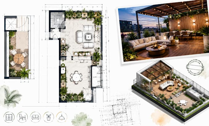 design balcony, roof terrace layout, outdoor lounge 3d render