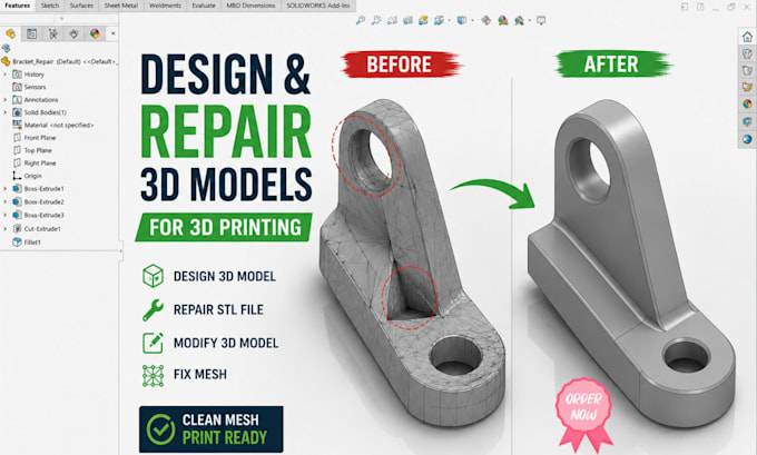 design 3d model, repair stl file, modify 3d model, for 3d printing, fix mesh