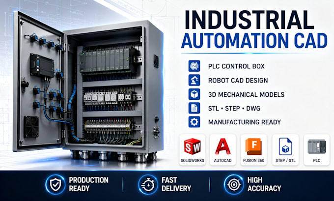 develop robot cad, plc control box, arm drawing, industrial automation 3d models