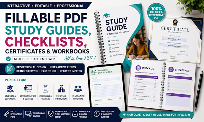 create fillable PDF study guides, checklists, certificates and workbooks