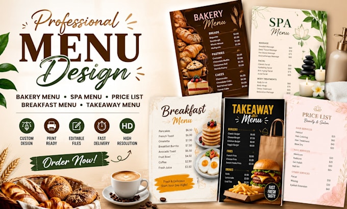 design bakery menu, spa menu, price list menu, breakfast menu, takeaway menu