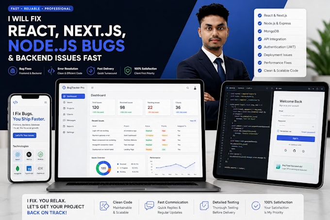 fix HTML,react,next js,nodejs,express,mongodb bugs and errors