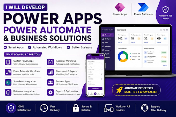 develop microsoft power apps, power automate, sharepoint, dataverse