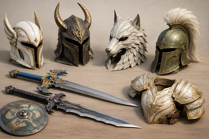do 3d cosplay helmet, sword, armor, mask and stl prop model