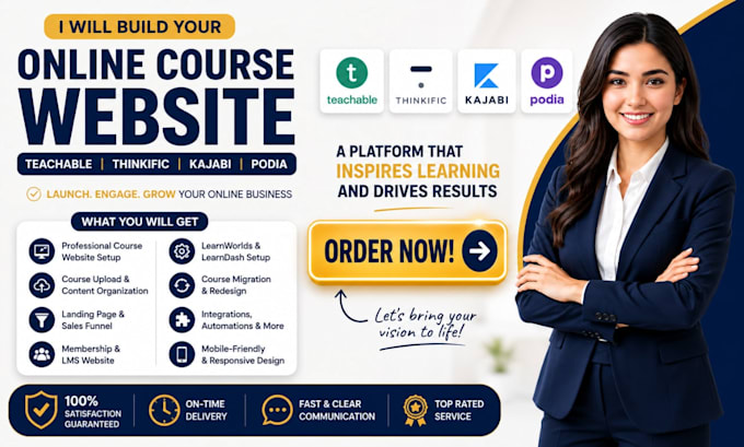build your teachable website learnworlds kajabi podia thinkific course website