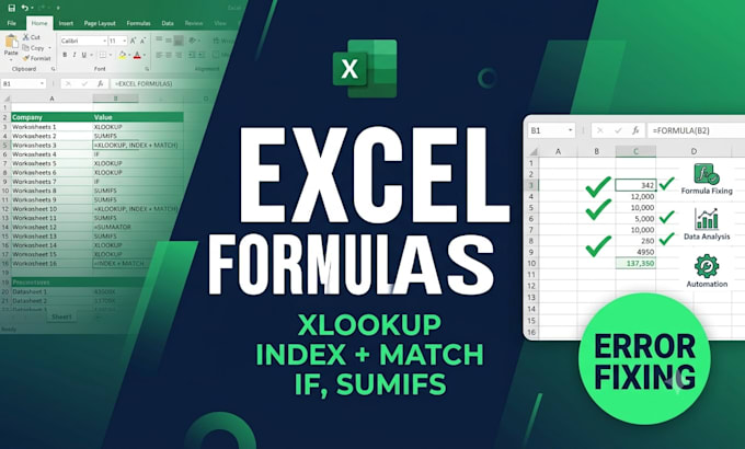 create excel formulas, fix errors, xlookup, index match and automation