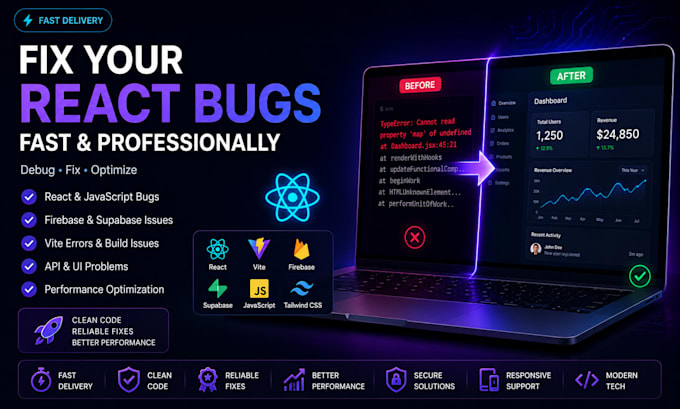 fix react, javascript, vite, firebase or supabase bugs quickly