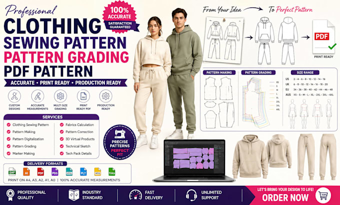create clothing sewing pattern, pattern grading, clothing pattern, pdf pattern