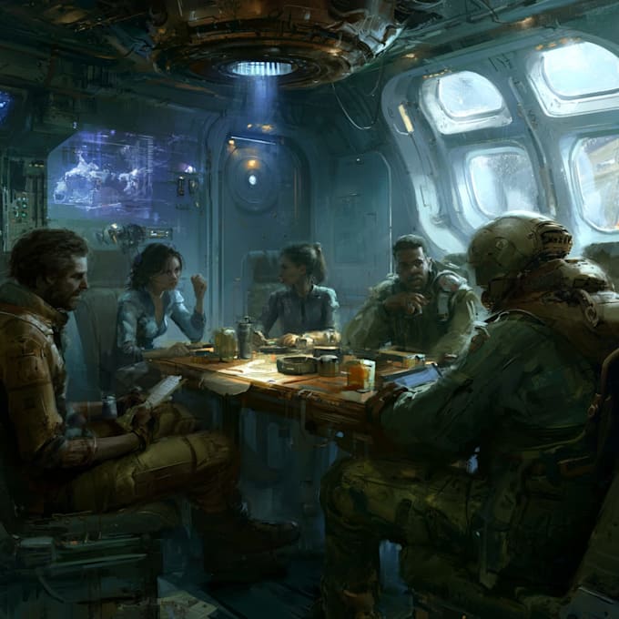 design stunning sci fi illustration group, sci fi team art
