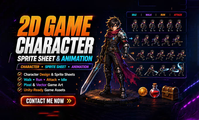 design and animate 2d game asset character sprite sheet and game objects
