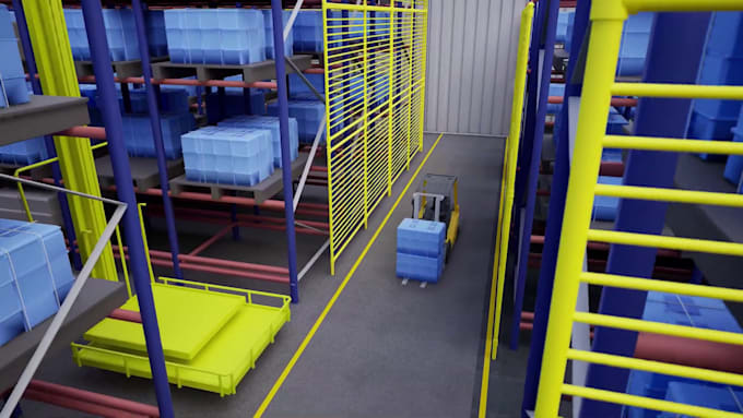 create a 3d warehouse factory robotic automation animation