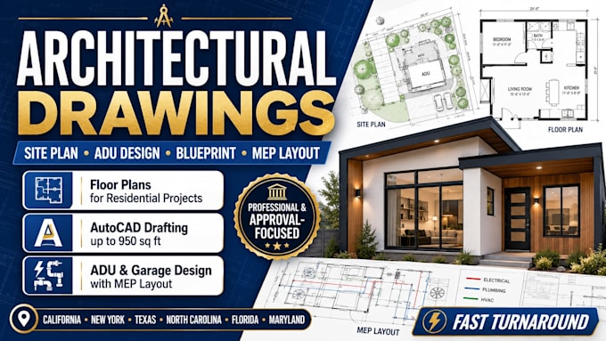 provide architectural drawing, site plan, adu design, blueprint and mep layout