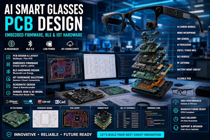 design ai smart glasses pcb, embedded firmware, ble and iot hardware
