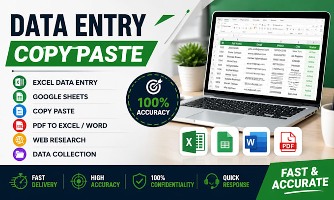 do accurate data entry, excel, google sheets, copy paste and PDF conversion