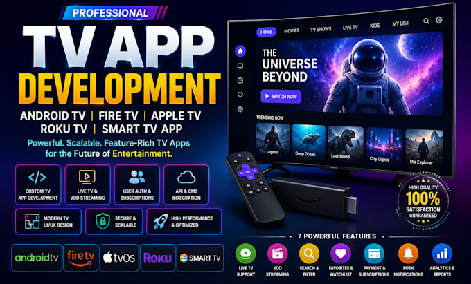 develop android TV app, fire TV app, apple TV, roku TV, smart TV app
