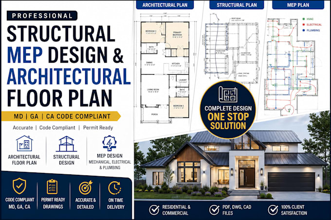 structural mep design and architectural drawing floor plan in MD ga ca