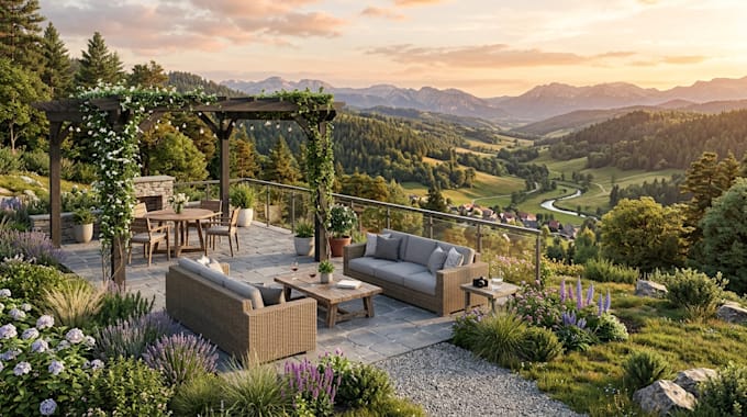 do luxury landscape backyard patio pool outdoor living space and 3d rendering