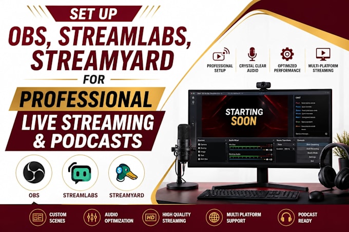 set up obs, streamlabs,  streamyard for professional live streaming and podcasts