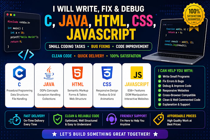fix bugs in your c, java, sql, javascript, HTML, css code