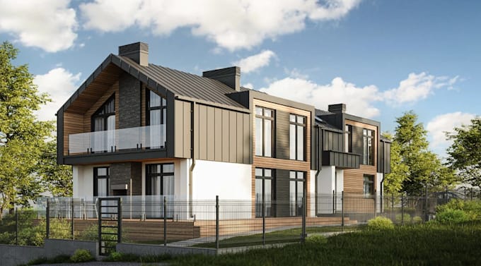 cgi render for hillside terrace,minimalist landscaping,floating balconies design