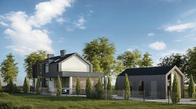cinematic 3d riverside haven residence,modern barnhouse,site plan visualization