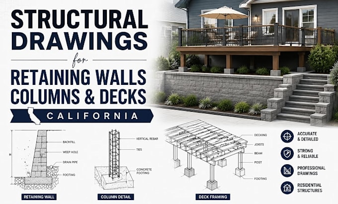 design structural drawings for retaining wall, columns and decks in california